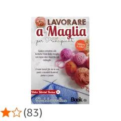 Copertina libro "Lavorare a Maglia per Principianti", con gomitoli colorati e un lavoro a maglia in corso. Impara a lavorare a maglia con questa guida.