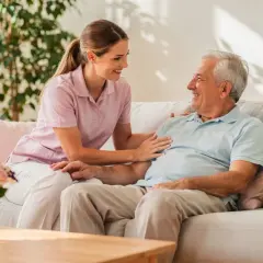 Eine Pflegerin spricht lächelnd mit einem älteren Mann auf einem Sofa. Ein Gespräch über den Eigenanteil im Pflegeheim kann so angenehm sein.