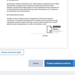 Podpisz dokument profilem zaufanym. Widoczny fragment umowy i przycisk do podpisu elektronicznego.