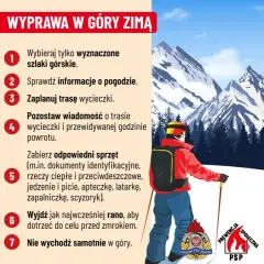 Zimowa wyprawa w góry: wskazówki dotyczące bezpieczeństwa. Narciarz na tle ośnieżonych szczytów.