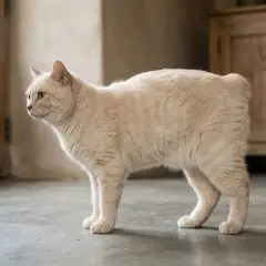 A cream-colored cat with no tail stands alertly on a concrete floor.