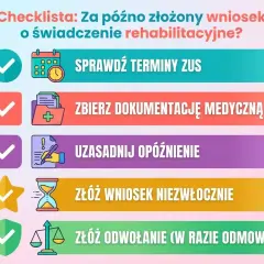 Checklista: Sprawdź terminy ZUS, zbierz dokumentację, uzasadnij opóźnienie, złóż wniosek niezwłocznie, by otrzymać świadczenie rehabilitacyjne.