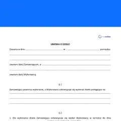 Strony umowy o dzieło: nagłówek "UMOWA O DZIEŁO", pola na dane stron i opis przedmiotu umowy.