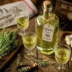 Bouteille de liqueur de génépi fait maison, servie dans des verres avec des brins d'herbe et des morceaux de sucre. Une invitation à découvrir la recette génépi.