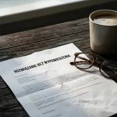 Na drewnianym stole leży dokument "Rozwiązanie bez wypowiedzenia", obok okulary i kubek kawy. To może być zapowiedź zwolnienia dyscyplinarnego.