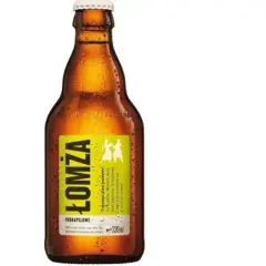Łomża piwo rodzaje: butelka piwa Łomża z etykietą w kolorze limonki, przedstawiającą tańczące postacie.