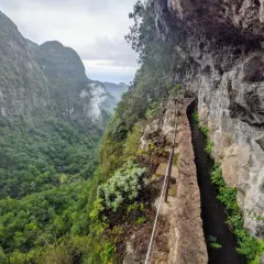Ein schmaler Weg entlang eines Kanals führt durch eine Schlucht auf Madeira. Die Levadas Madeira sind ein beeindruckendes Wandererlebnis.