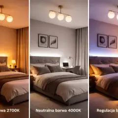 Sypialnia z różnymi barwami światła: ciepła 2700K, neutralna 4000K i regulacja CCT. Zobacz, jak lux i lumen wpływają na atmosferę.
