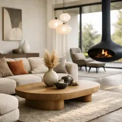 Ett modernt vardagsrum med en bekväm soffa, ett unikt hängande eldstad och en stor fönsterutsikt.