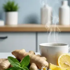 Gorąca herbata z imbirem, cytryną i miętą. Idealna na przeziębienie, jak naturalny anaketon.