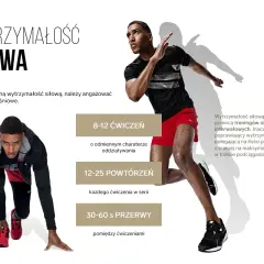 Mężczyźni w strojach sportowych, jeden w pozycji startowej do biegu, drugi w biegu. Grafika promuje trening wytrzymałościowy.