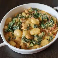 Pyszne gnocchi z kurczakiem i szpinakiem w kremowym sosie, podane w białej misie.