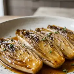 Quatre endives braisées, caramélisées et nappées d'une sauce savoureuse, garnies de thym frais et de poivre noir.