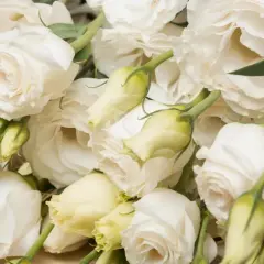 Białe eustomy, symbolizujące wdzięczność i spokój, tworzą delikatny bukiet. Ich subtelne piękno podkreśla znaczenie eustoma jako kwiatu radości.