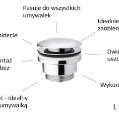 Chromowany korek klik klak nie zamyka się, idealny do umywalek i bidetów. Montaż z przelewem lub bez.