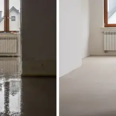 Po lewej mokra wylewka samopoziomująca, po prawej sucha, gotowa pod panele. Czas schnięcia zależy od warunków.