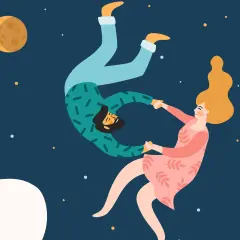 Coppia che fluttua nel cielo stellato, tenendosi per mano. Un invito a capire se si è pronti per una relazione, lasciandosi trasportare.