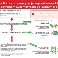 Instrukcja pierwszej pomocy: sprawdź bezpieczeństwo, reakcję i oddech poszkodowanego. W razie potrzeby wykonaj RKO i użyj defibrylatora AED.