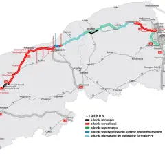 Mapa przedstawia przebieg drogi S6 wraz z odcinkami istniejącymi, w realizacji, przetargu i planowanymi.