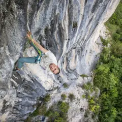Un grimpeur escalade une paroi rocheuse, concentré sur sa prochaine prise. La végétation luxuriante contraste avec la pierre grise.