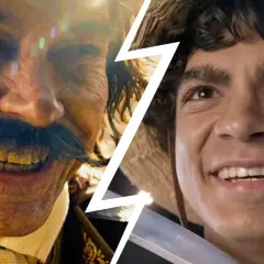 Zwei lachende Gesichter: ein älterer Mann mit Schnurrbart und ein junger Mann mit Strohhut. Ist Gold Roger Ruffys Vater?