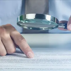 Manos examinando un documento con lupa. Se investiga qué es fein, buscando detalles en el texto.