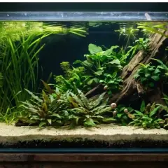 Un aquarium luxuriant avec des plantes aquatiques et des escargots. Un écosystème sain aide à comment éliminer le nitrate dans l'eau naturellement.