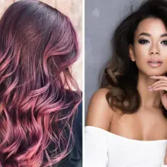 Cabello ondulado con degradado de color morado a rosa, ideal como color de pelo para morenas. A su lado, una mujer con cabello castaño oscuro y ondas suaves.
