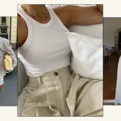 Tre kvinnor visar upp sina vita singlets i olika stilar: en med kavaj och prickig kjol, en annan med beige byxor, och en tredje med vit maxikjol och stråhatt.