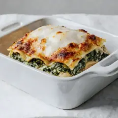 Pyszne lasagne ze szpinakiem, zapieczone pod złotą warstwą sera, w białej ceramicznej formie.