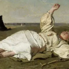 Na tym znanym dziele sztuki młoda kobieta leży na trawie, a obok niej czarny pies pilnuje stada krów.