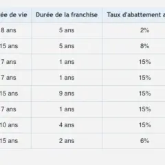 Tableau détaillant la durée de vie et les taux d'abattement pour divers équipements, utile pour la loi vétusté location.