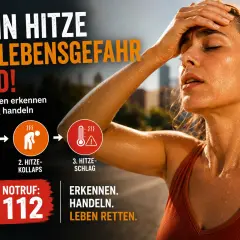Eine Frau schwitzt am Kopf, erschöpft von der Hitze. Warnzeichen für Hitzschlag werden angezeigt. Notruf 112.