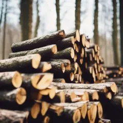 Un tas de frêne bois de chauffage empilé dans une forêt brumeuse, prêt pour l'hiver.