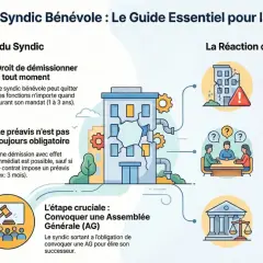 Illustration expliquant la démission du syndic bénévole en copropriété, avec des icônes pour le départ, les préavis, et la réaction de la copropriété.