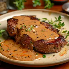 Un steak juteux nappé d'une onctueuse sauce au poivre, garni de brins de thym frais. Un délice pour les yeux et les papilles.