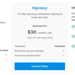 Porównanie cen Adobe Acrobat Sign (23,99 $/miesiąc/licencja) i Signeasy (30 $/miesiąc/użytkownik) dla firm.