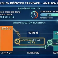 Wykres porównujący roczne koszty energii elektrycznej w różnych taryfach (G11, G12, G12w) dla domu z pompą ciepła.