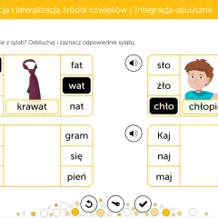 Ćwiczenia do druku: percepcja słuchowa. Dopasuj sylaby do obrazków i słów, np. "krawat" i "chłopiec".