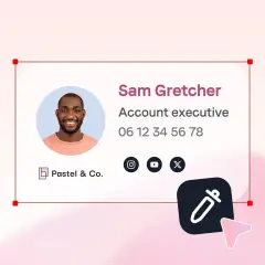 Signature mail de Sam Gretcher, Account Executive chez Pastel & Co. avec photo, numéro et icônes réseaux sociaux.