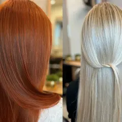 Dwa stylowe uczesania: rudy balejaż męski i blond z subtelnym skrętem.