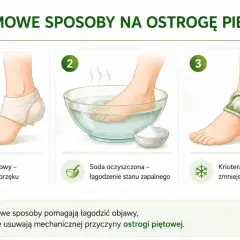 Domowe sposoby na ostrogę piętową: okład z octu jabłkowego, kąpiel z sodą, krioterapia. Łagodzą objawy, ale nie usuwają przyczyny.
