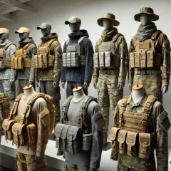 Maniquíes exhiben diversos tipos de camuflaje militar, desde patrones digitales hasta diseños de bosque, con chalecos tácticos y equipo.