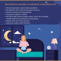 Dziewczyna nie może zasnąć. Ilustracja podpowiada, jak zapewnić sobie spokojną noc po francusku, z księżycem i gwiazdami za oknem.