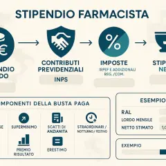 Schema illustra il calcolo stipendio netto farmacista: da lordo a netto, passando per contributi e imposte. Include componenti busta paga ed esempio.
