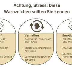 Warnzeichen für Stress: Körperliche Beschwerden, Verhaltensänderungen wie Leistungsverweigerung in der Schule, und emotionale Probleme wie Versagensangst.