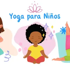 Ilustración de "Yoga para Niños" con tres niños en diferentes posturas: uno en equilibrio, otro meditando y uno más en una postura invertida.