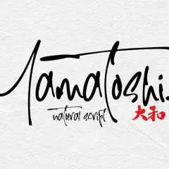 Yamatoshi" in a flowing, natural script, with "natural script" below and Japanese characters in red. A beautiful example of Japanese English font.