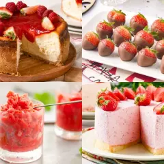 Pastel de queso con fresas, fresas cubiertas de chocolate, granizado de fresa y tarta de mousse de fresa. ¡Deliciosos postres de fresa!