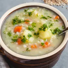 Krupnik z ziemniakami i marchewką, posypany koperkiem. Idealne przyprawy do krupniku podkreślą jego smak.